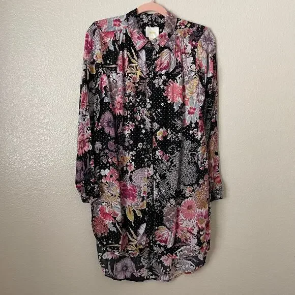 Anthropologie Maeve Top‎ Womens Medium Black Pink Floral Button Up Tunic Boho - Picture 3 of 11